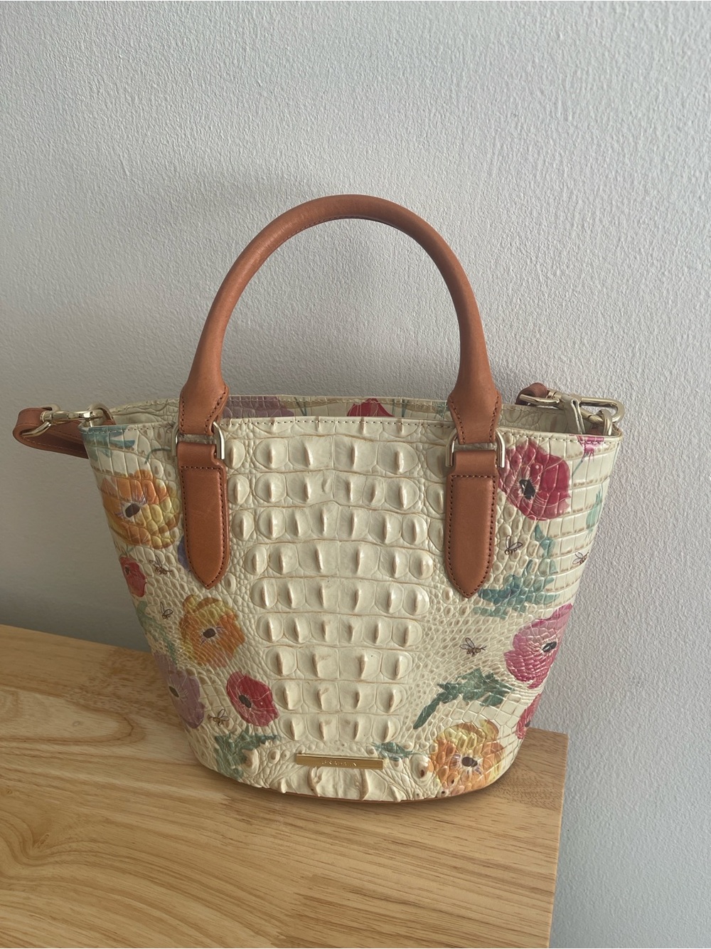 Brahmin Cream Floral Croc-Embossed Shoulder Bag with Tan Accents